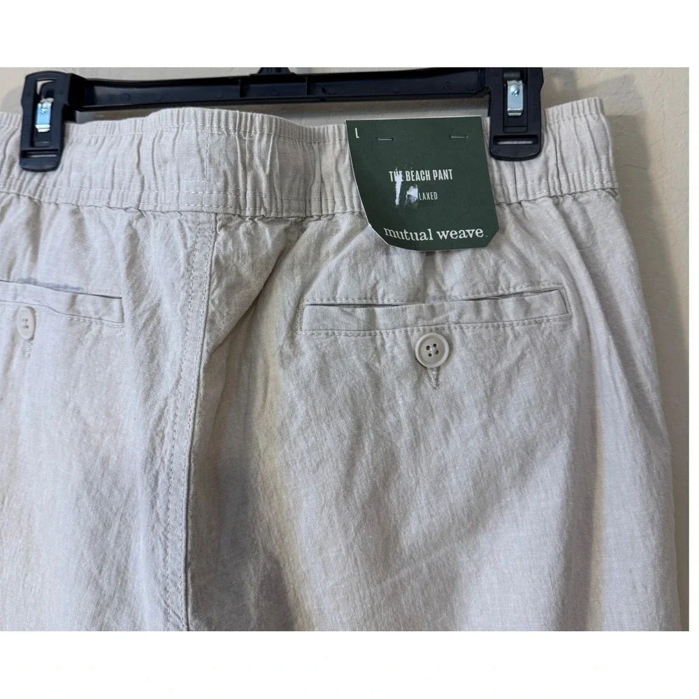 Mutual Weave Beach Pant Men L Khaki Relaxed Cotton Linen Blend Drawstring NEW‎